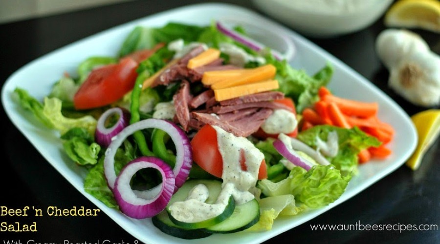 Beef ‘n Cheddar Salad with Creamy Roasted Garlic & Lemon Dressing